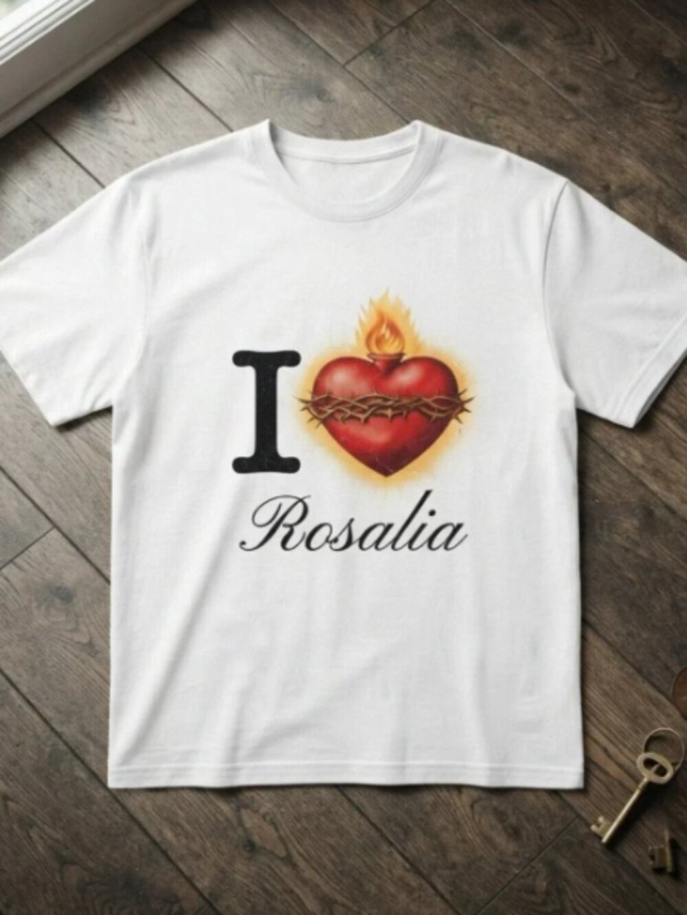 I Love Rosalia Sacred Heart Flaming White T-Shirt